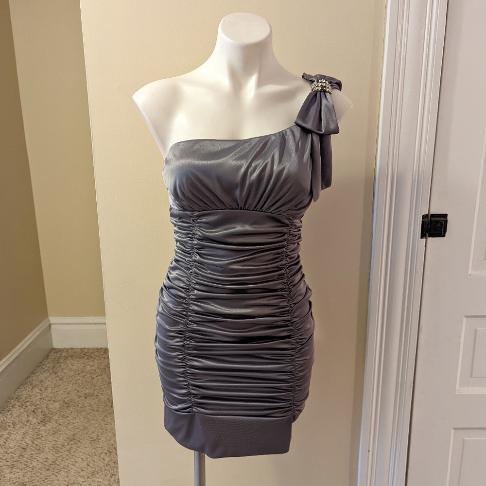 Vintage Y2K Deb Shop dark silver one shoulder rouched mini dress size xs